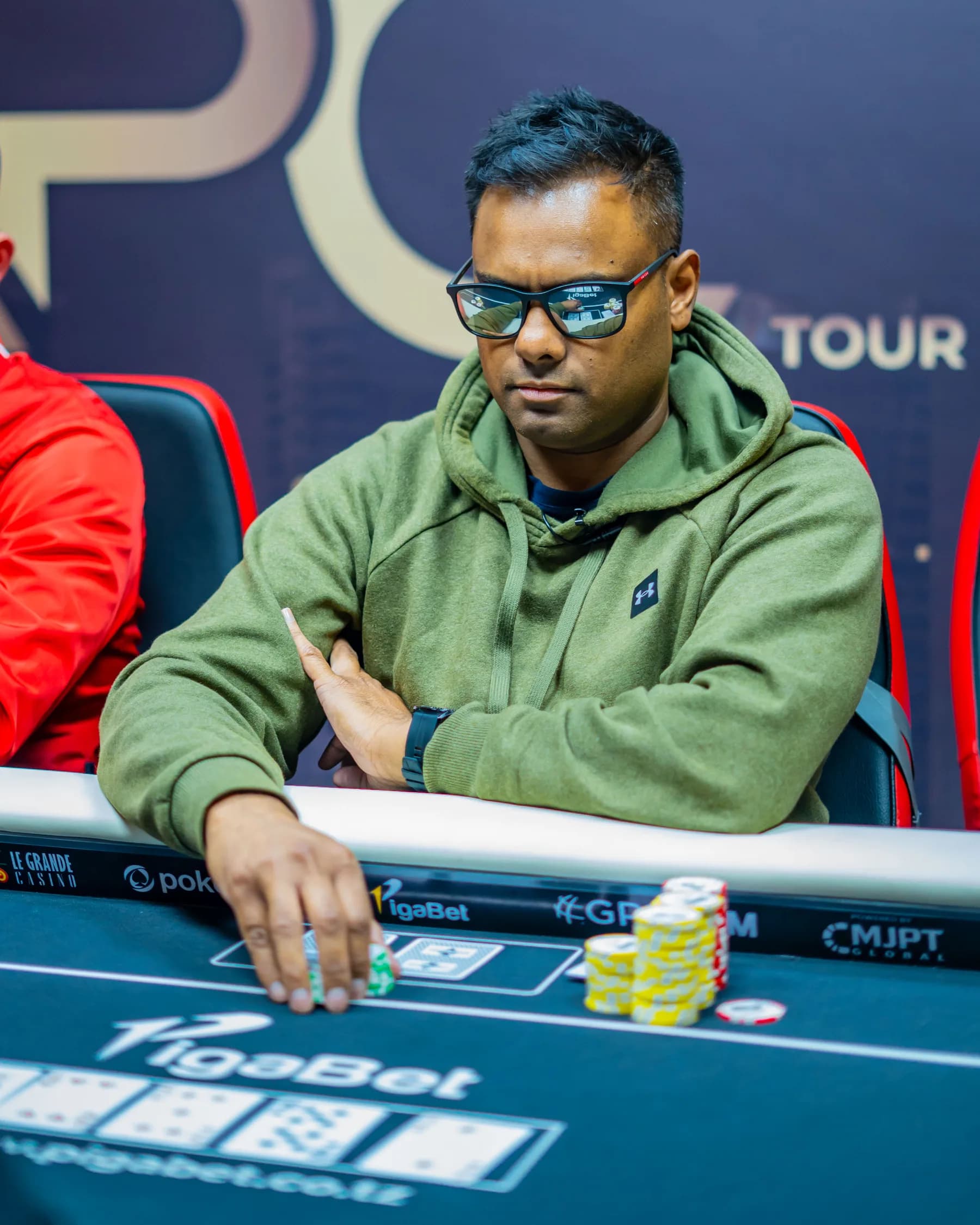 Main Event player considering his next move